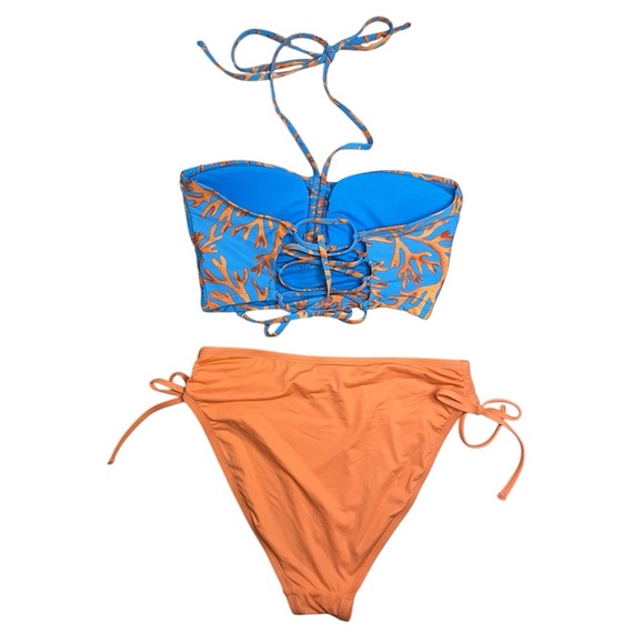 NWT Decree Women's Two Piece Bikini Set Medium Orange Blue Coral Pattern - Picture 2 of 10